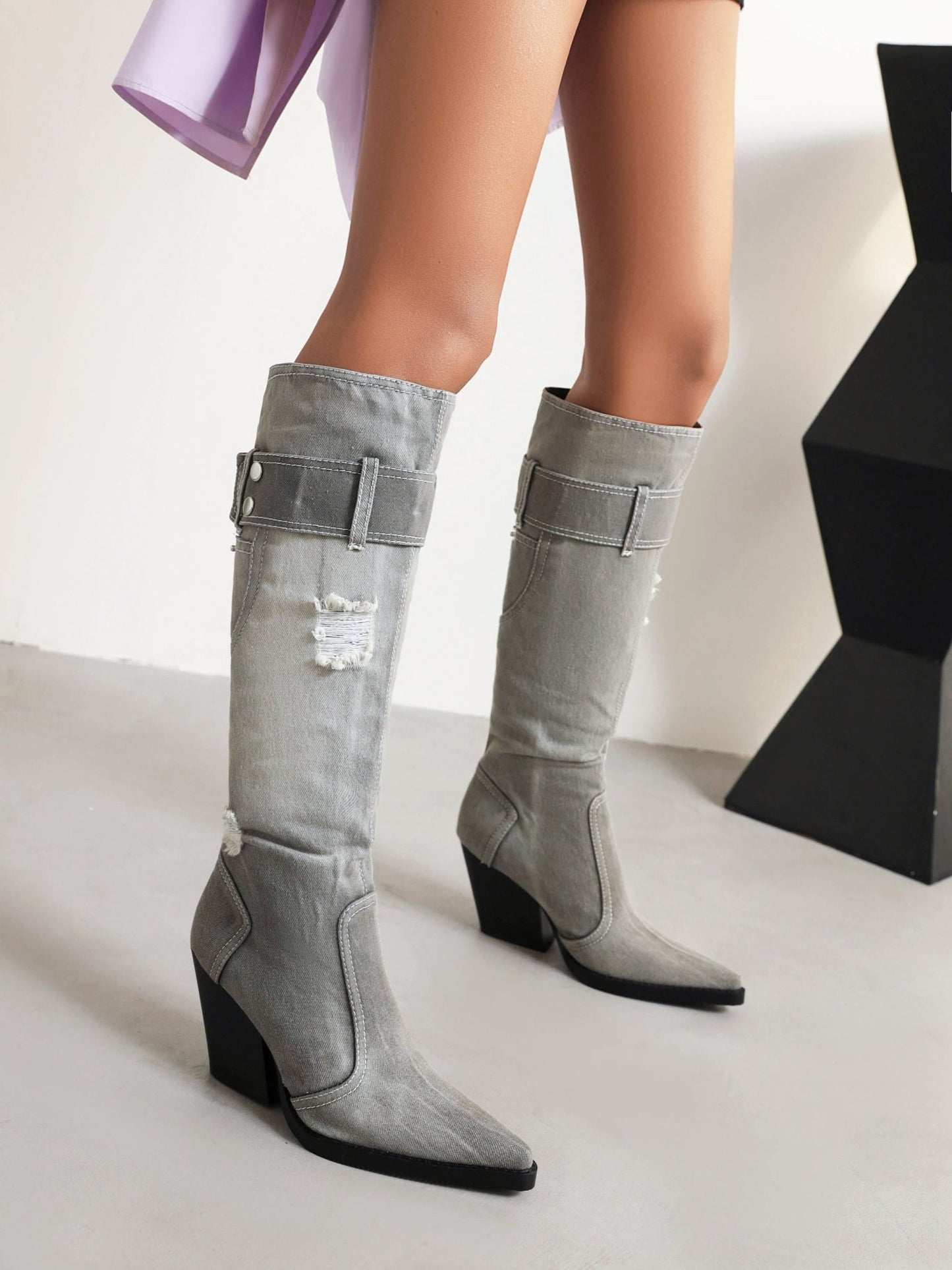 Alexa 81 Belt Buckle Knee High Boots - Vivianly Shoes - Knee High Boots