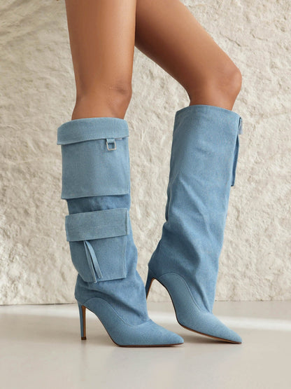 Jersey 88 Denim Knee High Boots - Vivianly Shoes - Knee High Boots