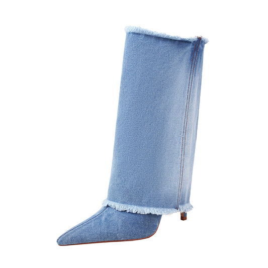 Ruby 98 Denim Pointed Toe Boots - Vivianly Shoes - Ankle Boots