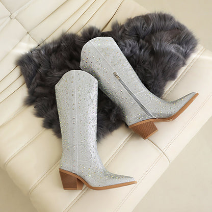 Samantha 68 Sparkling Chunky Heel Cowboy Boots - Vivianly Shoes - Mid Calf Boots